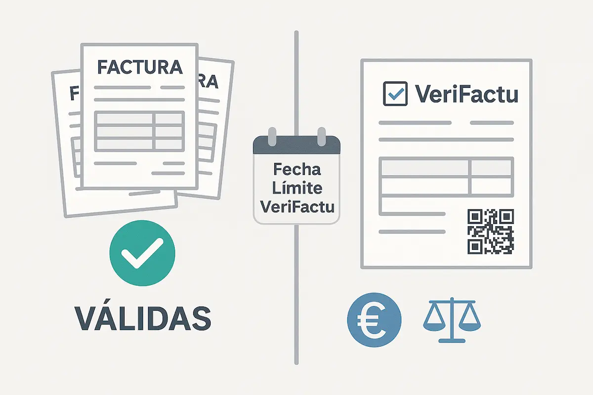 ¿que ocurre con las facturas emitidas justo antes de la fecha de obligatoriedad de verifactu? Un calendario marcando la fecha de obligatoriedad de VeriFactu, separando facturas antiguas válidas de las nuevas facturas con código QR.