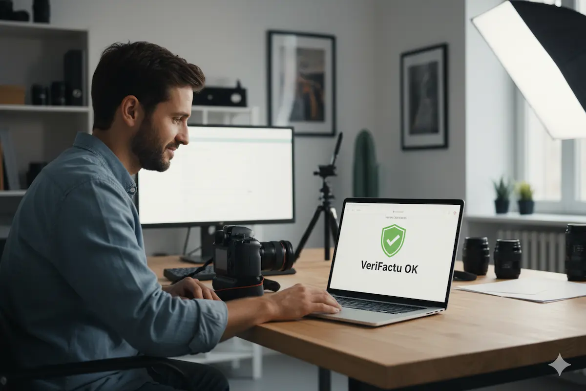 Un fotógrafo profesional revisando en un portátil la normativa VeriFactu, que le obliga a usar un software de facturación certificado.