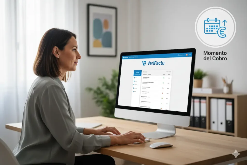 ¿cómo se gestiona el iva de caja con un sistema verifactu? Una empresaria gestionando el IVA de caja en su ordenador con el logo de VeriFactu y un calendario, indicando la fecha de cobro.