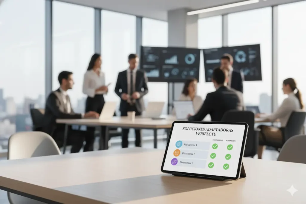 los 5 mejores adaptadores verifactu. Gráfico comparativo de los 5 mejores adaptadores Verifactu 2025: Holded, Quipu, Sage, Contasimple y STEL Order en una tablet.