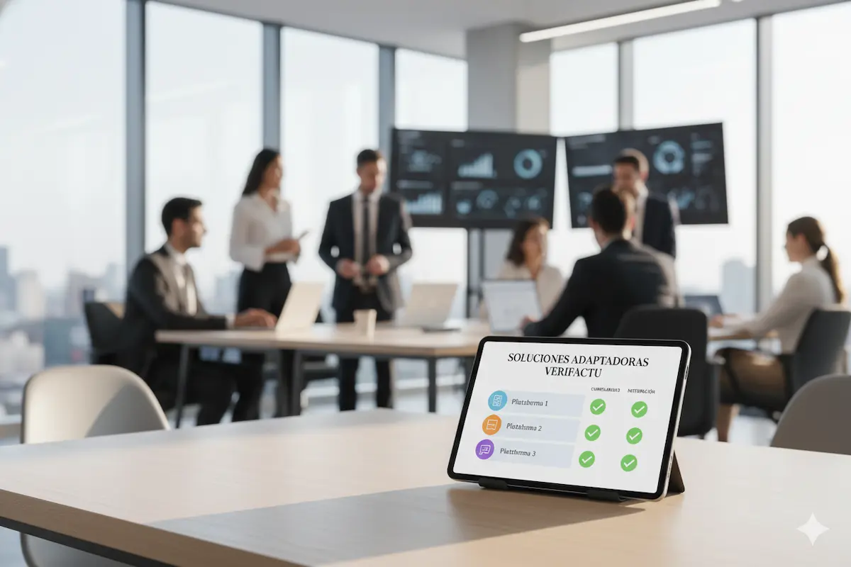 los 5 mejores adaptadores verifactu. Gráfico comparativo de los 5 mejores adaptadores Verifactu 2025: Holded, Quipu, Sage, Contasimple y STEL Order en una tablet.