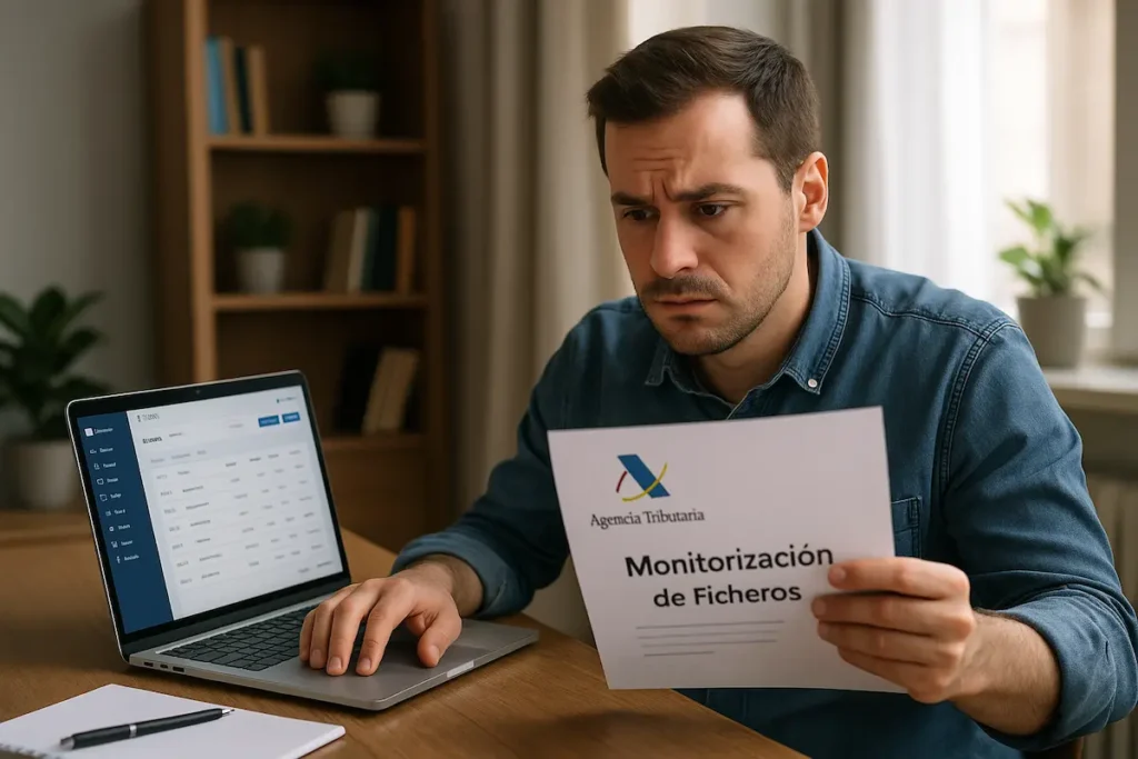 ¿Hacienda te notificó un error en VeriFactu? Guía 2025 1 ¿Que hago si hacienda me notifica un error en un registro verifactu ya enviado? Persona preocupada revisando una carta oficial de Hacienda con un ordenador portátil al lado que muestra un software de facturación.