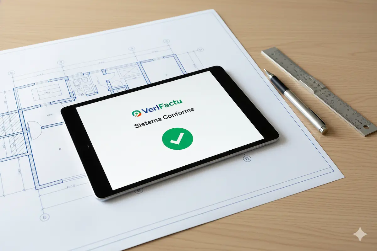 ¿Los Arquitectos y Estudios de Arquitectura están Obligados a Usar VeriFactu? Un plano de arquitectura sobre una mesa de trabajo con una tablet mostrando el logo de VeriFactu, simbolizando la obligación legal.
