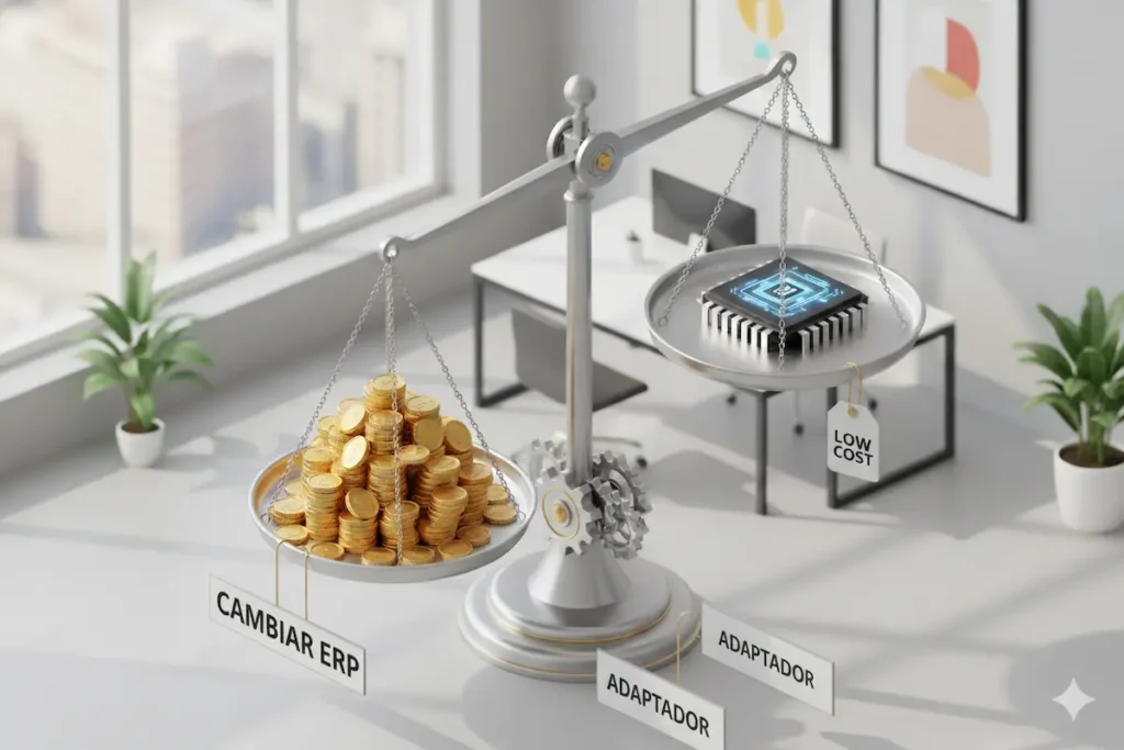 Precio del Adaptador Verifactu: Guía de Costes, Licencias y Subvenciones 8 Precio adaptador Verifactu. Gráfico 3D comparativo de costes entre adaptador Verifactu, software nuevo y subvención Kit Digital sobre un escritorio de oficina.