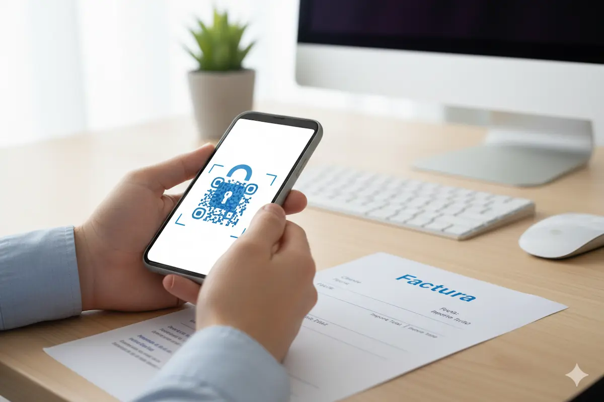 ¿el qr de verifactu contiene informacion sensible de mi cliente? Persona escaneando un código QR en una factura, con un candado superpuesto simbolizando seguridad de datos.