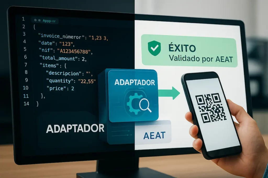 Cómo Probar un Adaptador Verifactu Antes de Pagar (Demos y Trials) 11 Probar adaptador verifactu. Desarrollador validando código JSON en un entorno Sandbox de Verifactu con una notificación verde de éxito de la AEAT en pantalla.