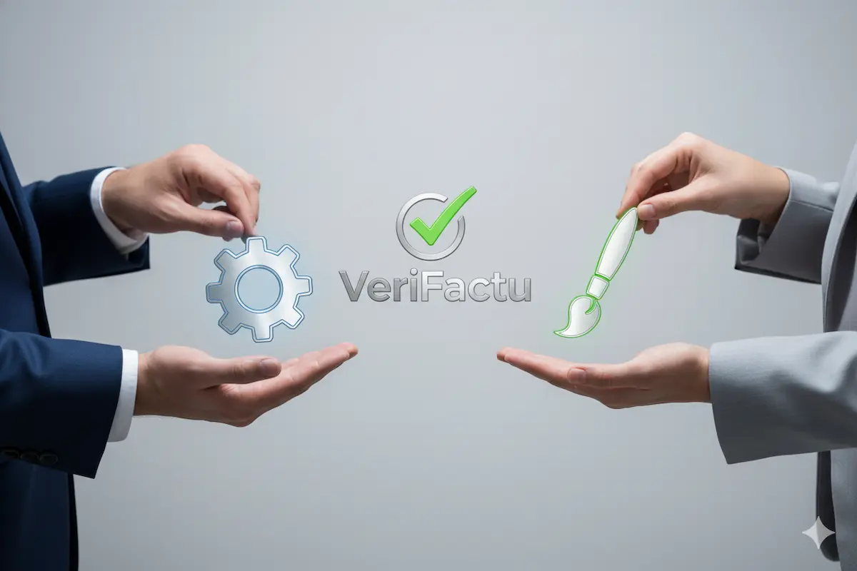 ¿como se registra una permuta o un intercambio de servicios bajo el sistema verifactu? Dos manos intercambiando iconos de servicios (ej. un portátil y un maletín), con el logo de VeriFactu y un símbolo de check en el centro.