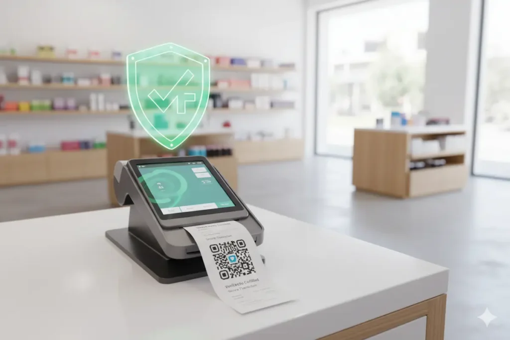 Requisitos TPV VeriFactu 2025: Guía Para Cumplir y Evitar Multas 3 Un TPV moderno en un mostrador emitiendo un ticket que muestra claramente un código QR, con un escudo de verificación verde que simboliza el cumplimiento de los requisitos de VeriFactu.