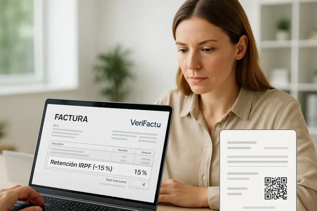 ¿verifactu afecta a la forma en que aplico la retencion de irpf en mis facturas? Una profesional autónoma trabajando en su portátil, donde se ve una factura con la retención de IRPF y el logo de VeriFactu.