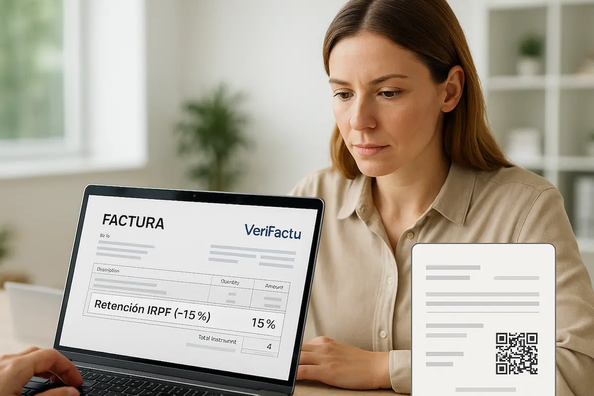 ¿verifactu afecta a la forma en que aplico la retencion de irpf en mis facturas? Una profesional autónoma trabajando en su portátil, donde se ve una factura con la retención de IRPF y el logo de VeriFactu.