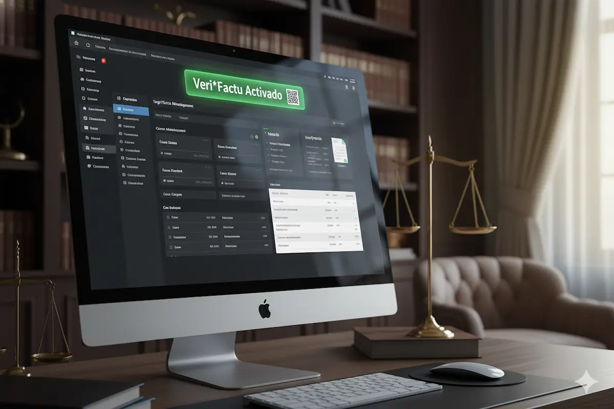 Software jurídico con VeriFactu integrado. Interfaz de software jurídico mostrando la integración con VeriFactu y código QR en una factura legal.