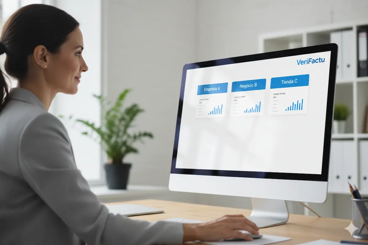 ¿puedo usar el mismo software verifactu para varias de mis empresas o lineas de negocio? Empresario gestionando varias empresas en un único dashboard de software VeriFactu.
