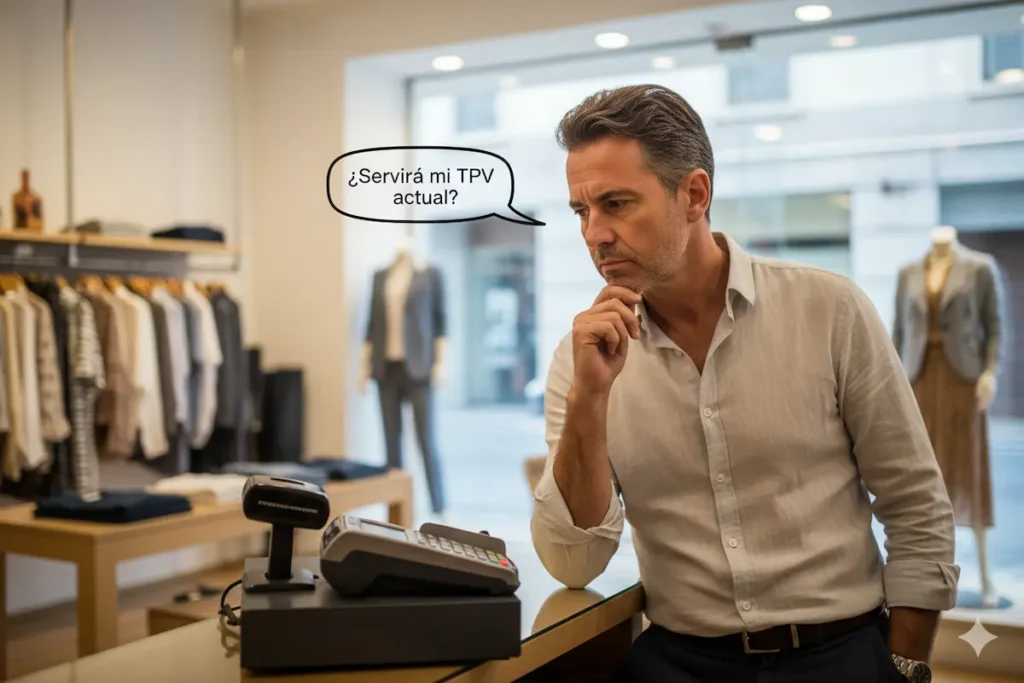 ¿Qué TPVs deben actualizarse para VeriFactu? Guía 2025 10 Dueño de un pequeño comercio mirando con duda su TPV actual, ¿?¿?¿Que tpvs necesitan actualizarse para cumplir con verifactu? preguntándose si es compatible con la normativa VeriFactu.