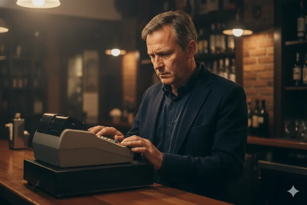 ¿Qué pasa si tu TPV no cumple la Ley Antifraude 2025? 8 Propietario de un negocio preocupado junto a su TPV, pensando en las multas de la Ley Antifraude.