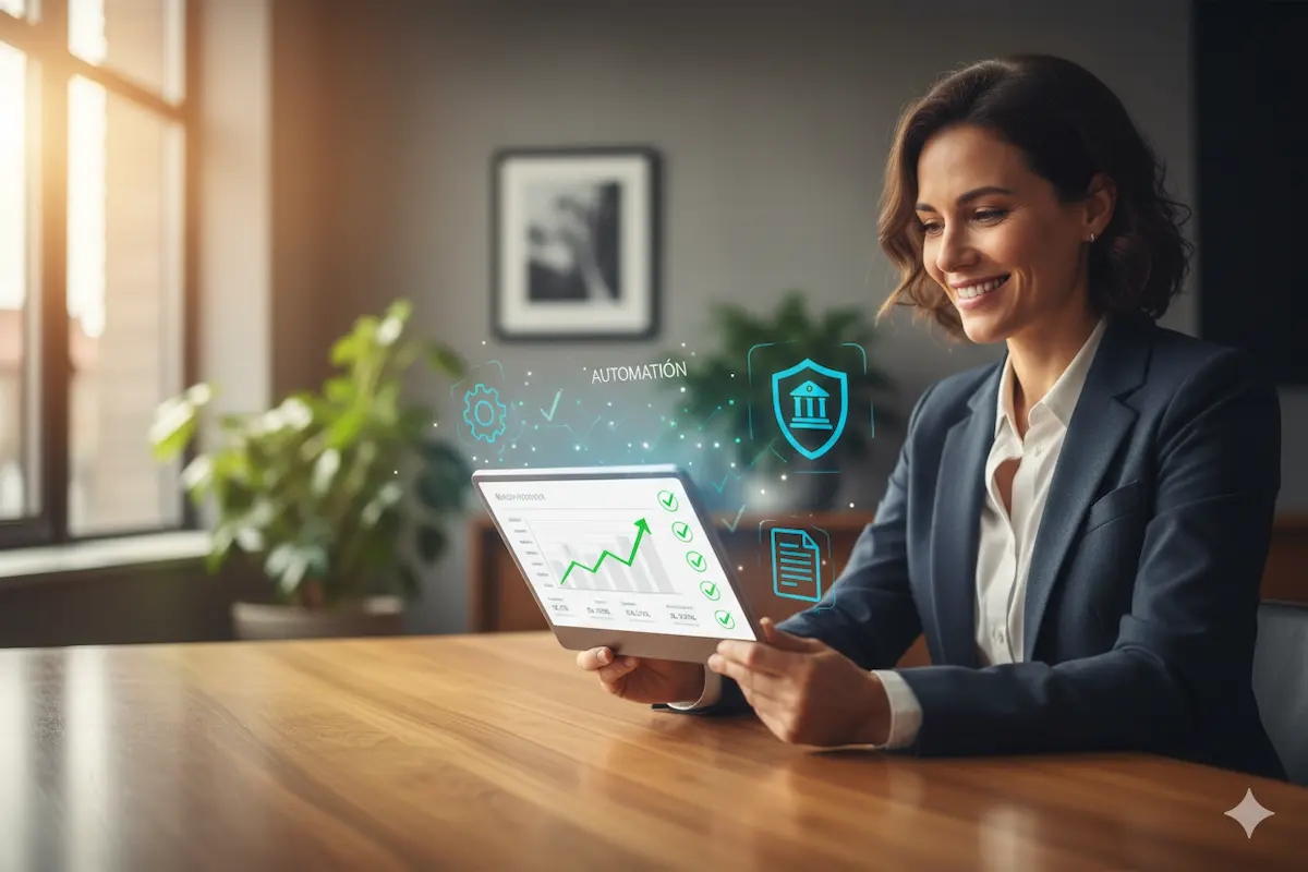 Ventajas Adaptador Verifactu. Empresario analizando gráficos de crecimiento en tablet conectada a un adaptador Verifactu con iconos de automatización y seguridad.