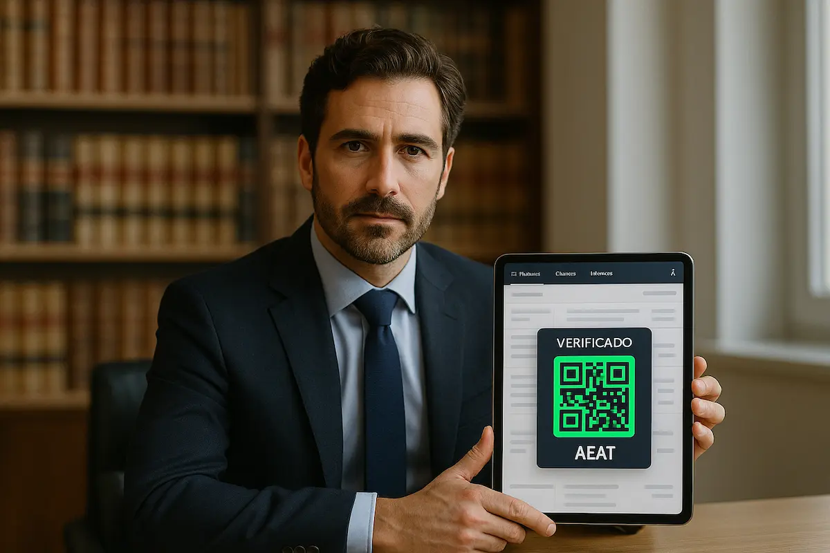 Verifactu abogados. Abogado en un bufete español gestionando facturación electrónica VeriFactu y revisando expedientes digitales.