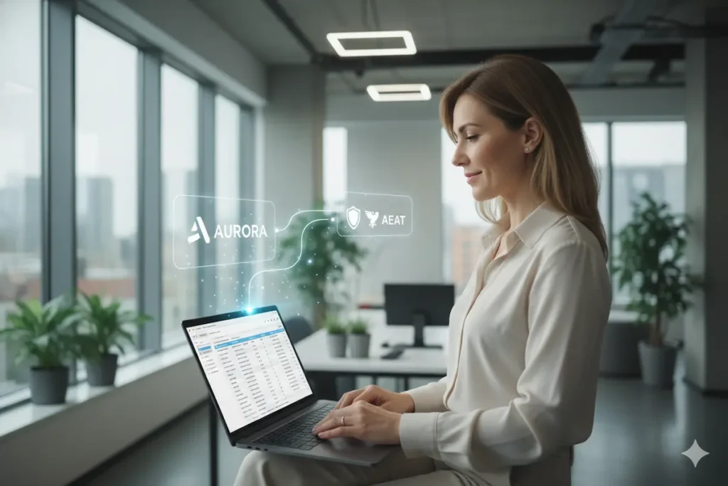 Ver sin cambiar de Software. Una empresaria sonríe aliviada frente a su portátil, que muestra un software de facturación familiar, mientras un holograma ilustra la conexión exitosa con el sistema Verifactu de la AEAT.