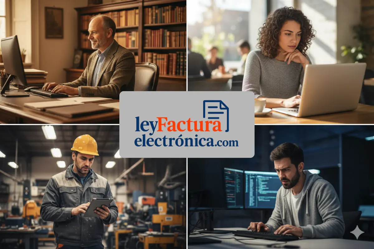 Impacto retraso verifactu. Collage de profesionales (asesores, pymes, autónomos) escribiendo sus opiniones sobre el retraso de VeriFactu.