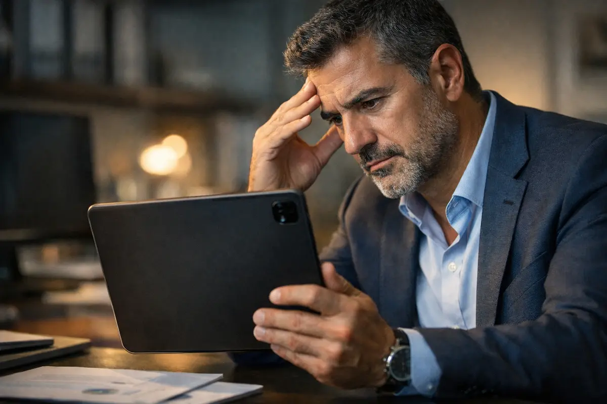 Empresario analizando el impacto de verifactu en la facturación y los impuestos en una oficina moderna.