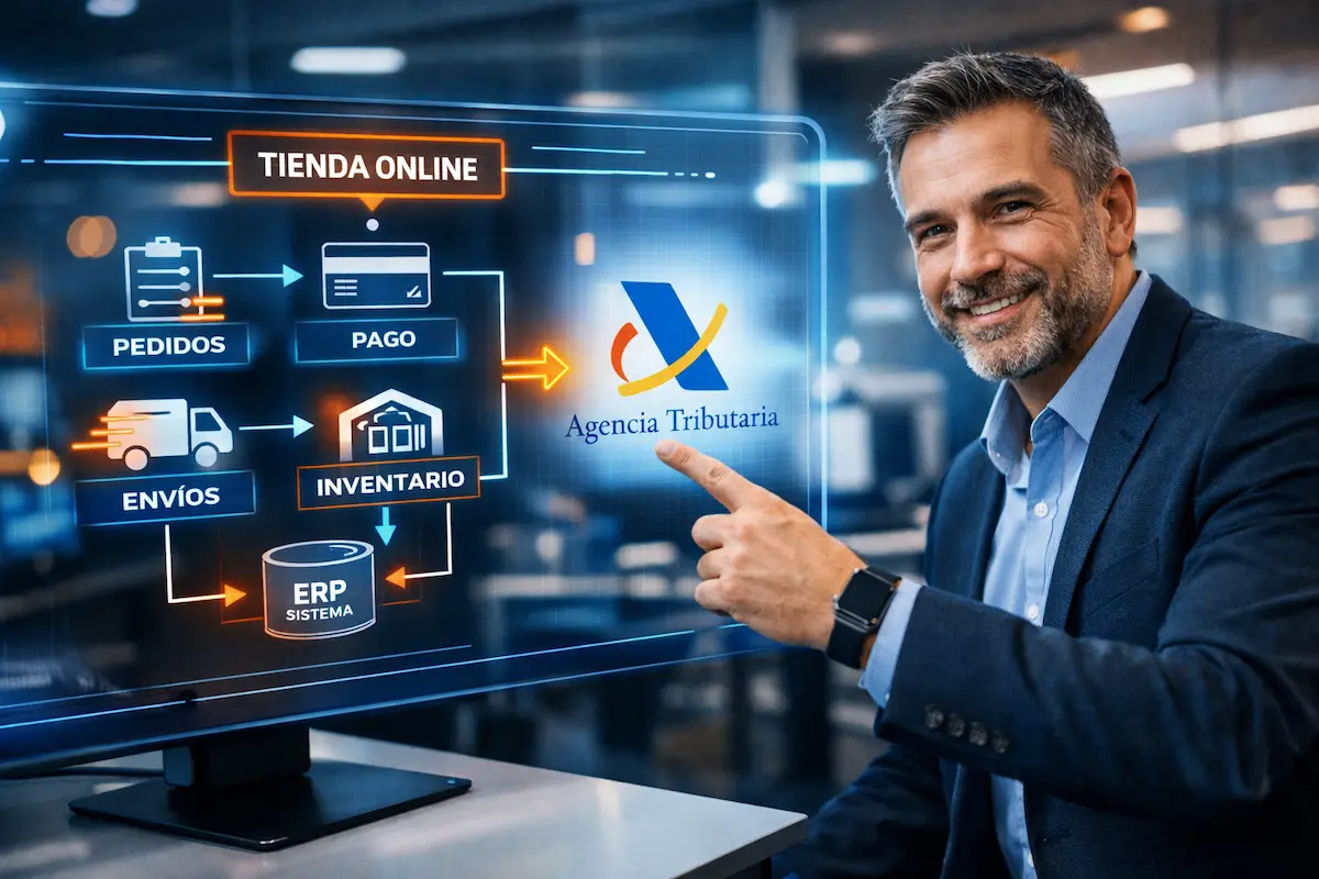 Ley Verifactu Explicada para E-commerce. Consultor tecnológico explicando la Ley Verifactu en una pantalla con gráficos de ecommerce y normativa fiscal española.
