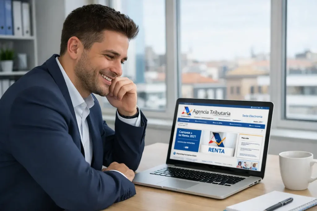 Empresario aliviado gestionando la renuncia al SII en el ordenador para salir de VeriFactu.