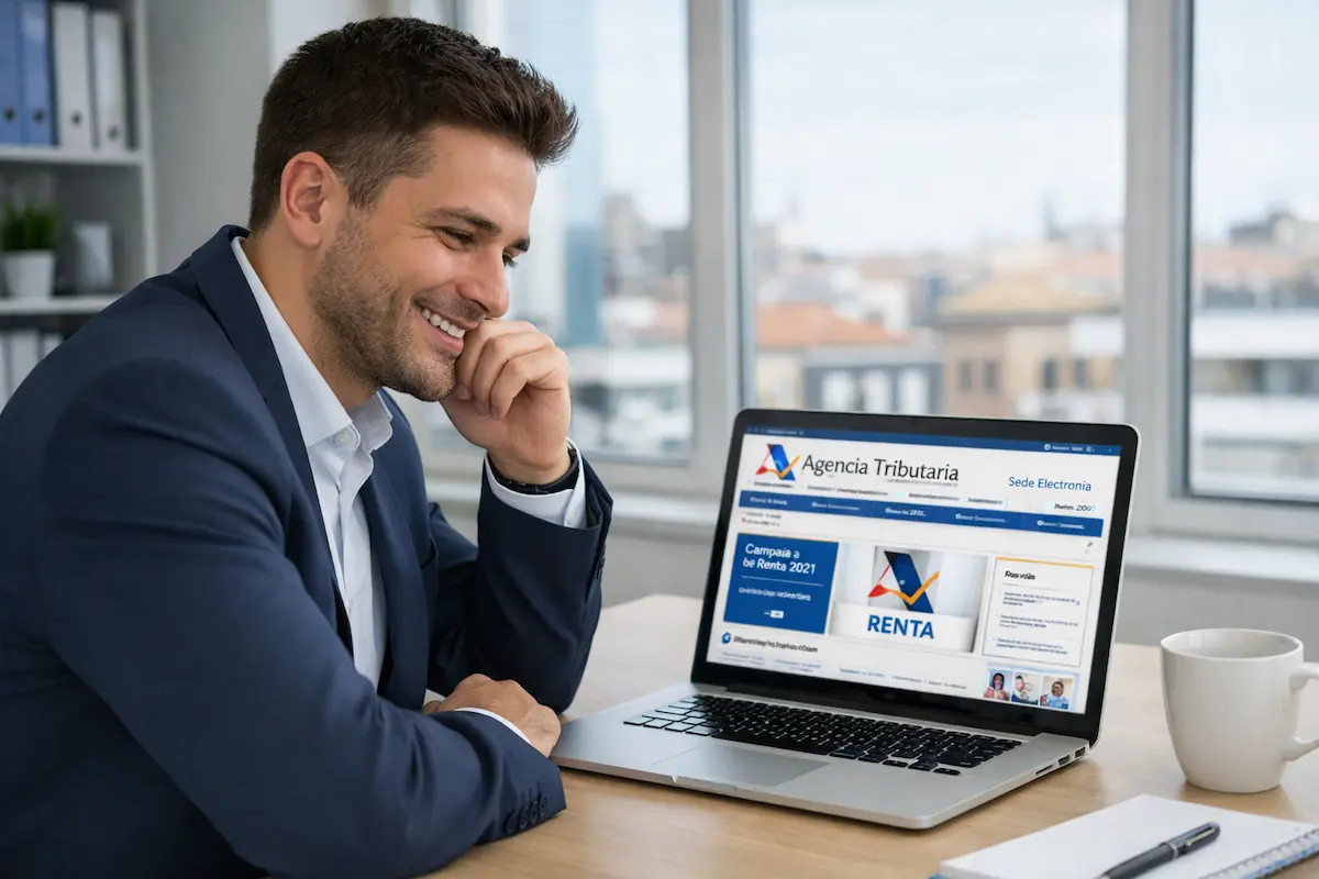 Empresario aliviado gestionando la renuncia al SII en el ordenador para salir de VeriFactu.