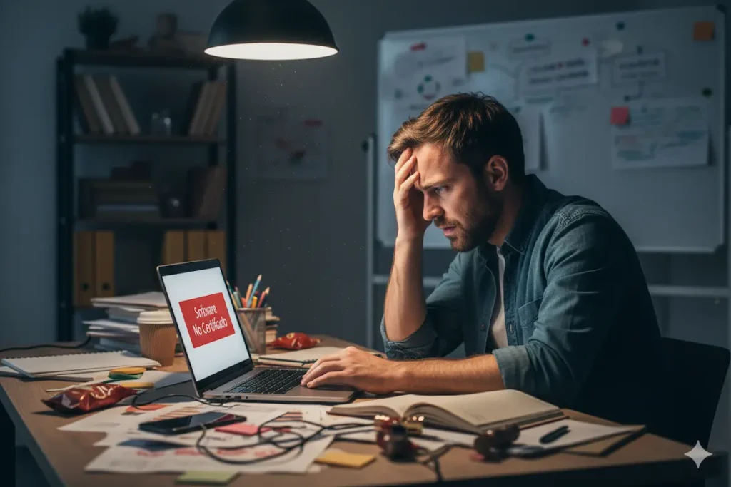 ¿Pueden sancionarme si mi software VeriFactu no está homologado por la AEAT? Inspector de Hacienda revisando software de facturación no homologado con señal de advertencia de multa de 50.000 euros