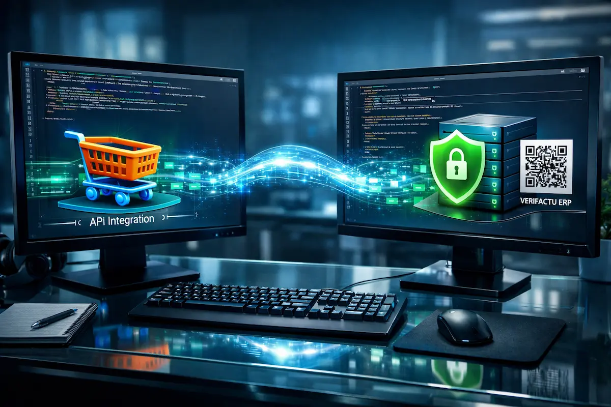 Arquitecto de software conectando módulos de una tienda online con un servidor ERP seguro que muestra el escudo de Verifactu y un código QR digital.